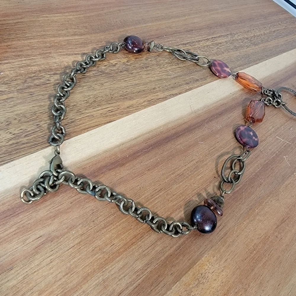 Antique Bronze Metal Statement Necklace with Amber beads and Chain Tassels Boho